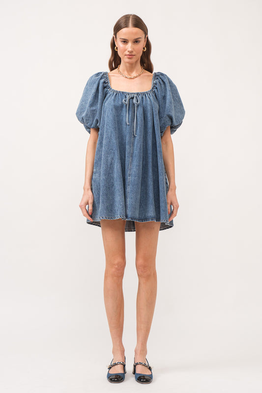 Puff Sleeve Denim Babydoll Dress